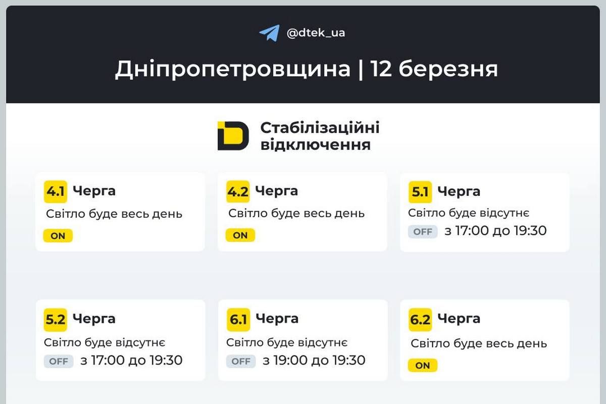 Графіки відключень світла від ДТЕК на 12 березня для Дніпра та області