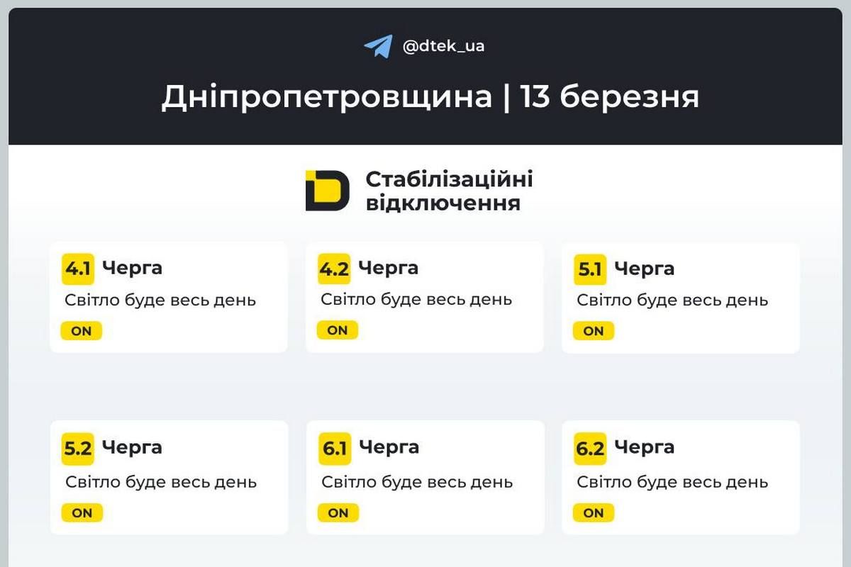 Графіки відключень світла від ДТЕК на 13 березня для Дніпра та області
