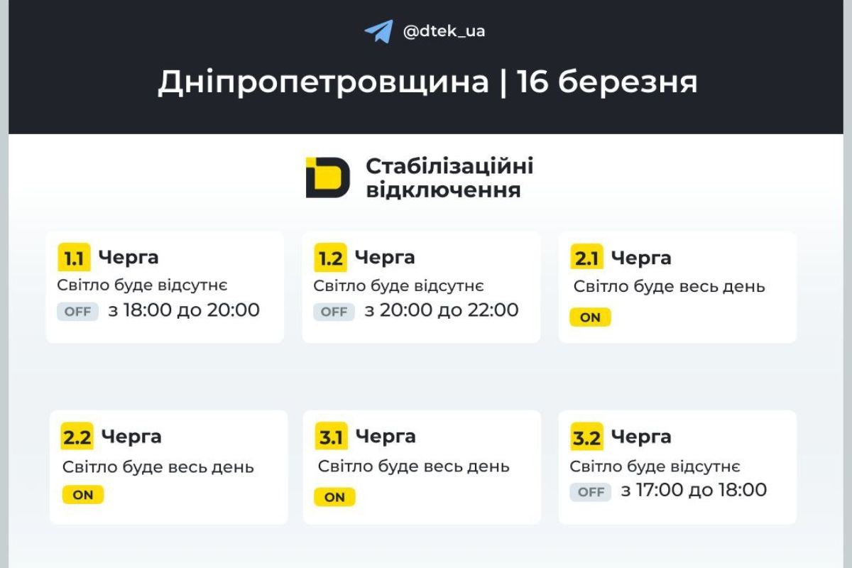 Графіки відключення світла на 16 березня