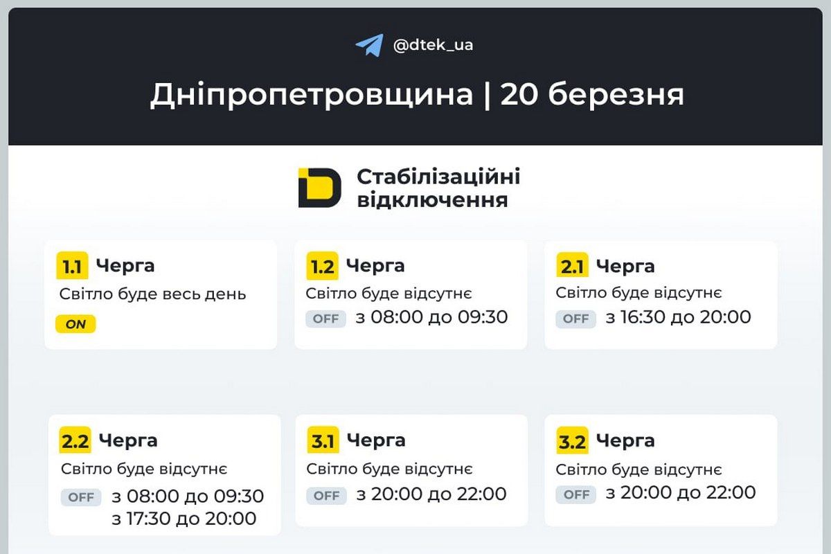 Графіки вимкнень електронергії 20 березня від ДТЕК