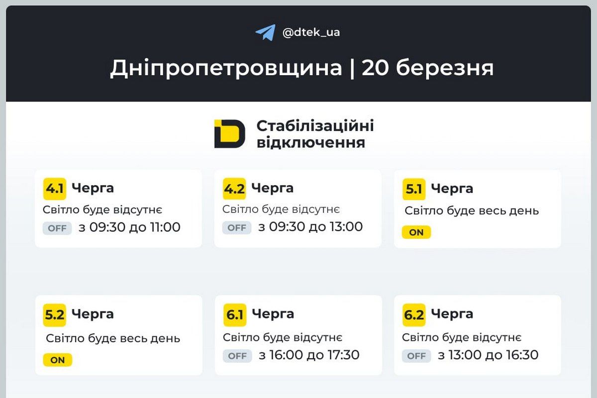 Графіки вимкнень електронергії 20 березня від ДТЕК