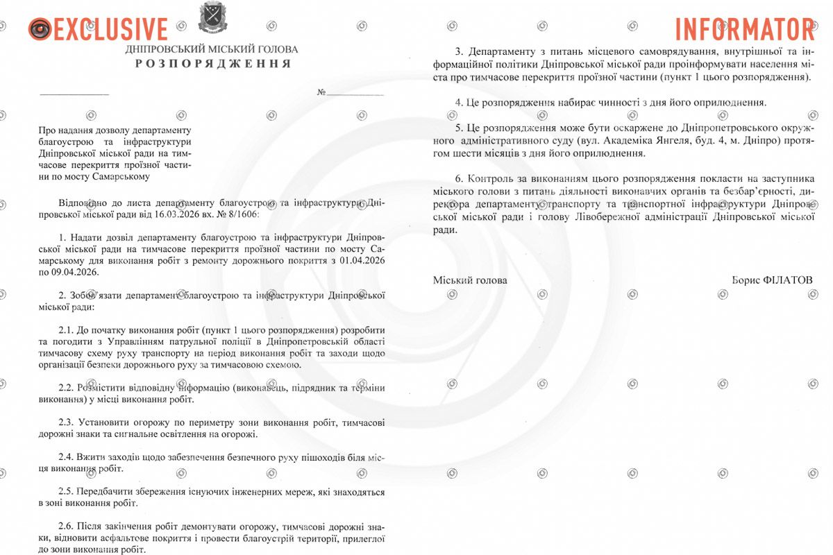 Проєкт розпорядження міського голови Дніпра Бориса Філатова Проєкт розпорядження міського голови Дніпра Бориса Філатова