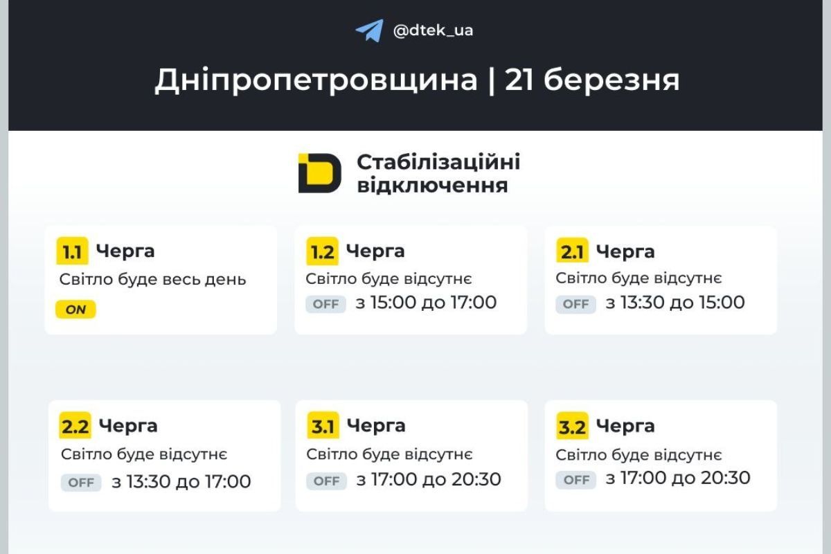 Графіки відключення світла на 21 березня для абонентів ДТЕК