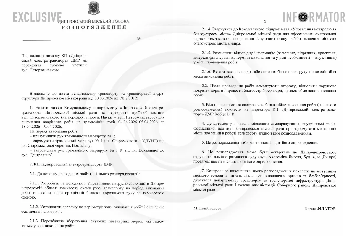 Проєкт розпорядження міського голови Дніпра Бориса Філатова