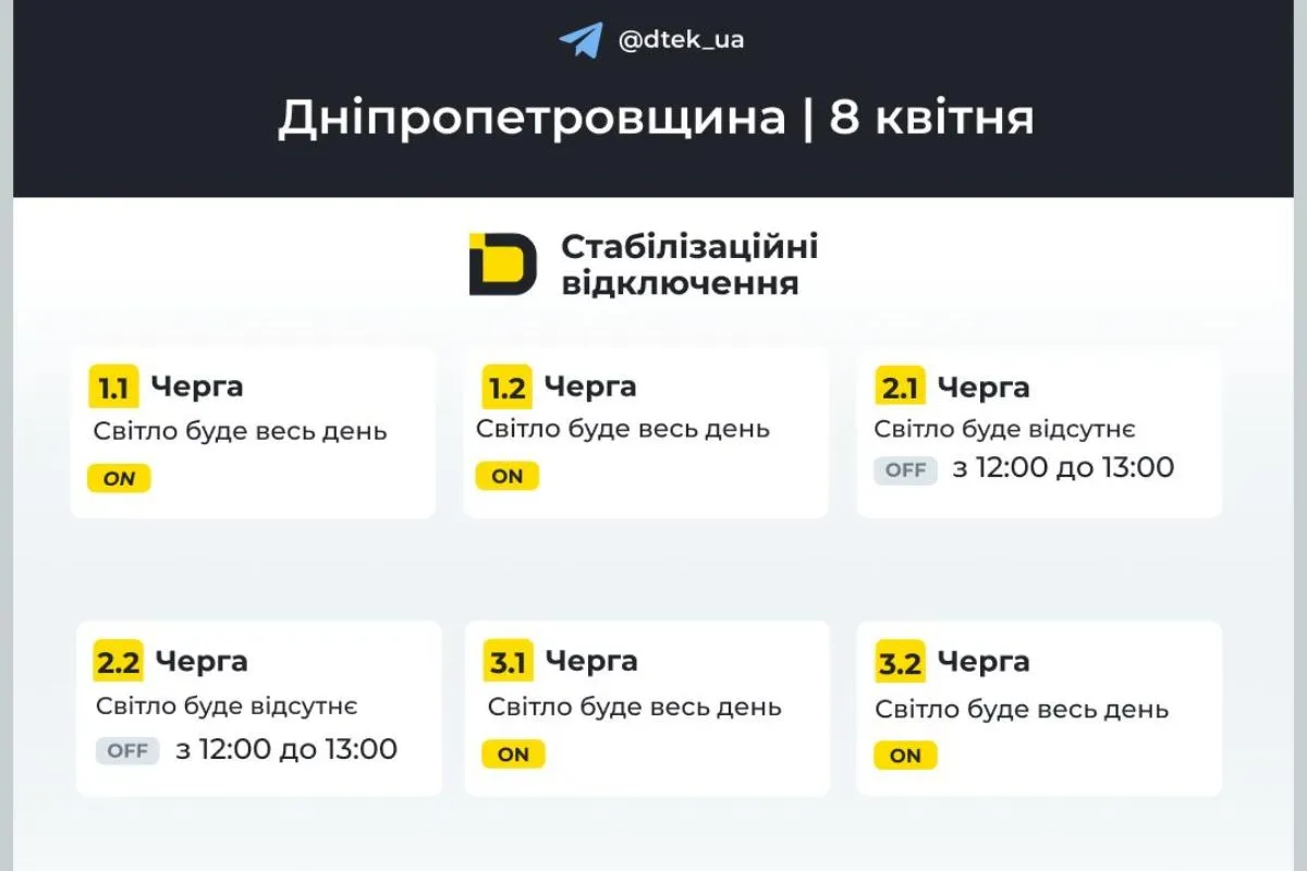 Графіки відключення світла для абонентів ДТЕК на 8 квітня
