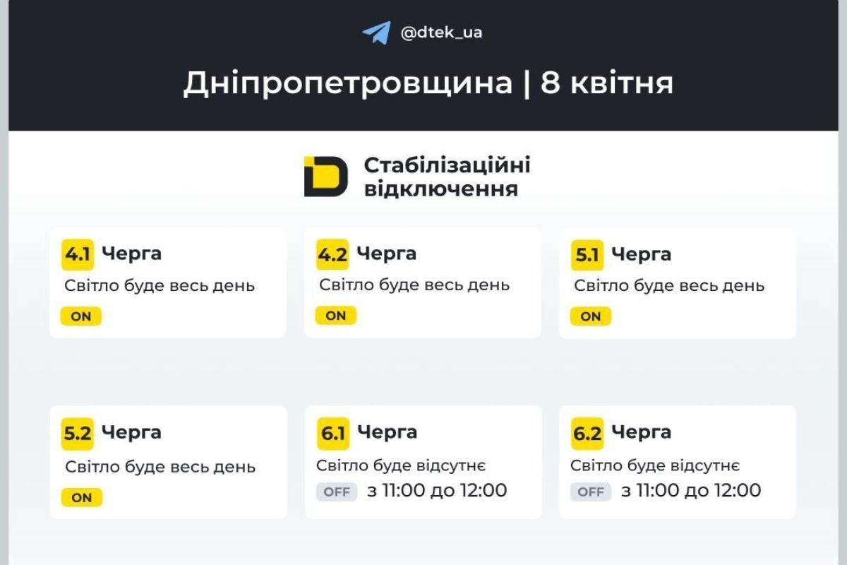 Графіки відключення світла для абонентів ДТЕК на 8 квітня