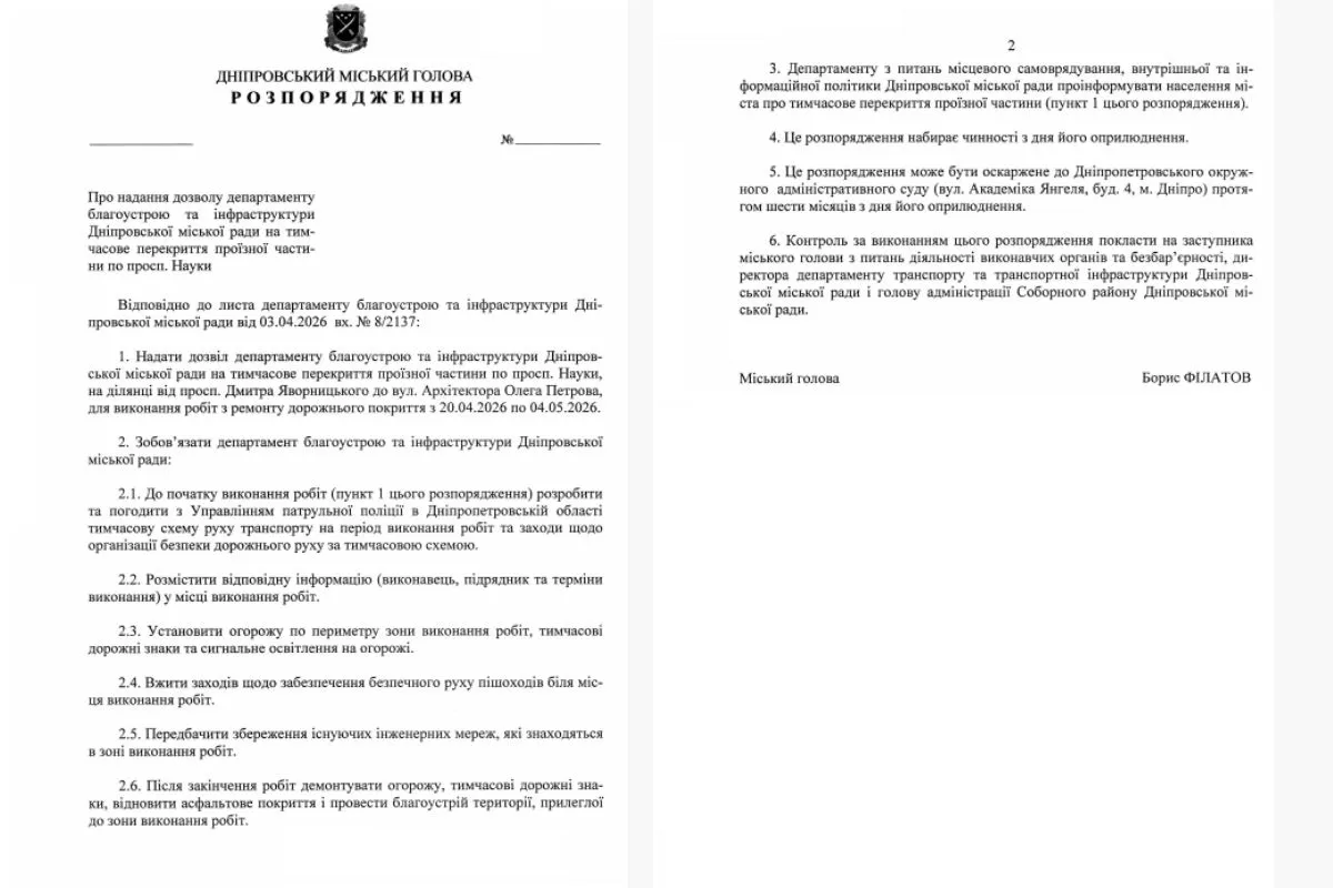 Проєкт розпорядження міського голови Дніпра Бориса Філатова Проєкт розпорядження міського голови Дніпра Бориса Філатова