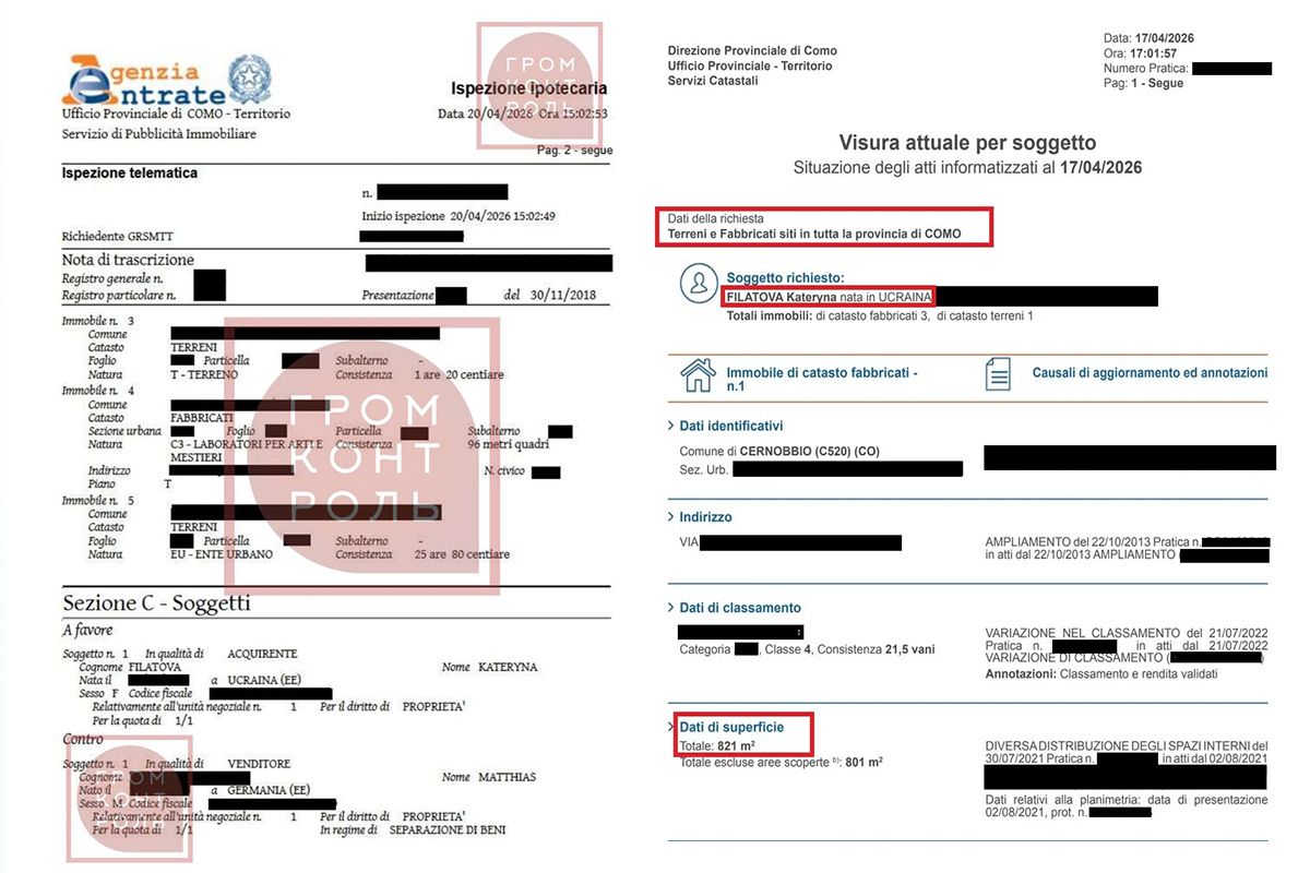 Розміри та вартість майна та Витяг з італійського кадастру нерухомості за особою