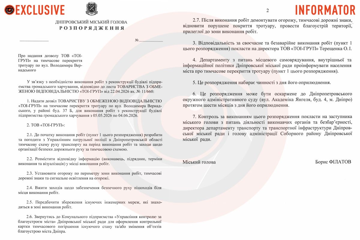 Проєкт розпорядження міського голови Дніпра Бориса Філатова