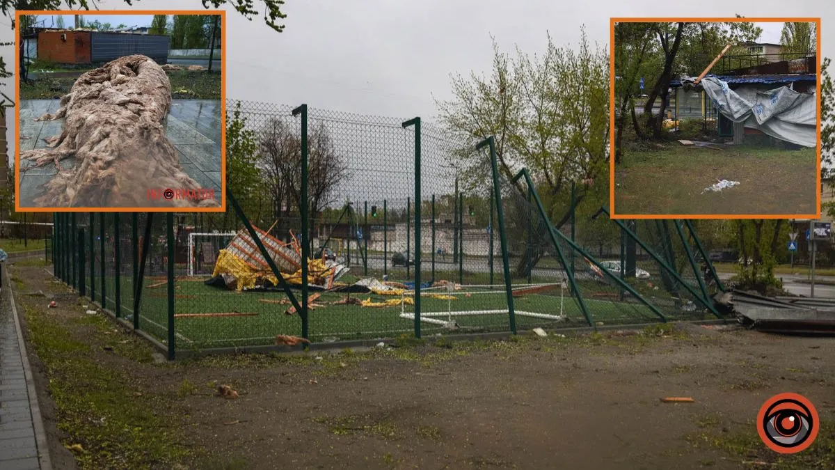 Негода на лівому березі Дніпра: кіоск залишився без даху, уламки розкидало по футбольному полю