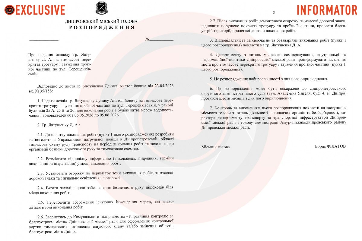 Проєкт розпорядження міського голови Дніпра Бориса Філатова