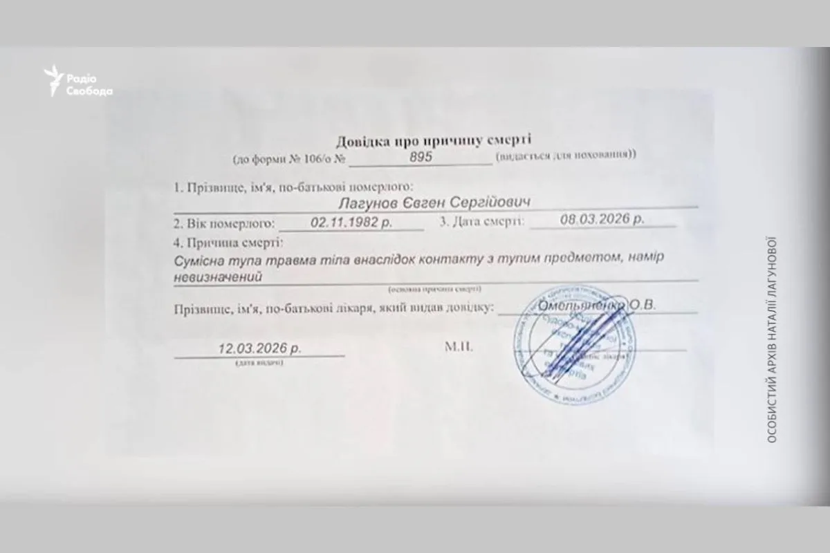 У медичній довідці причиною смерті вказали «сумісну тупу травму тіла внаслідок контакту з тупим предметом, намір невизначений»