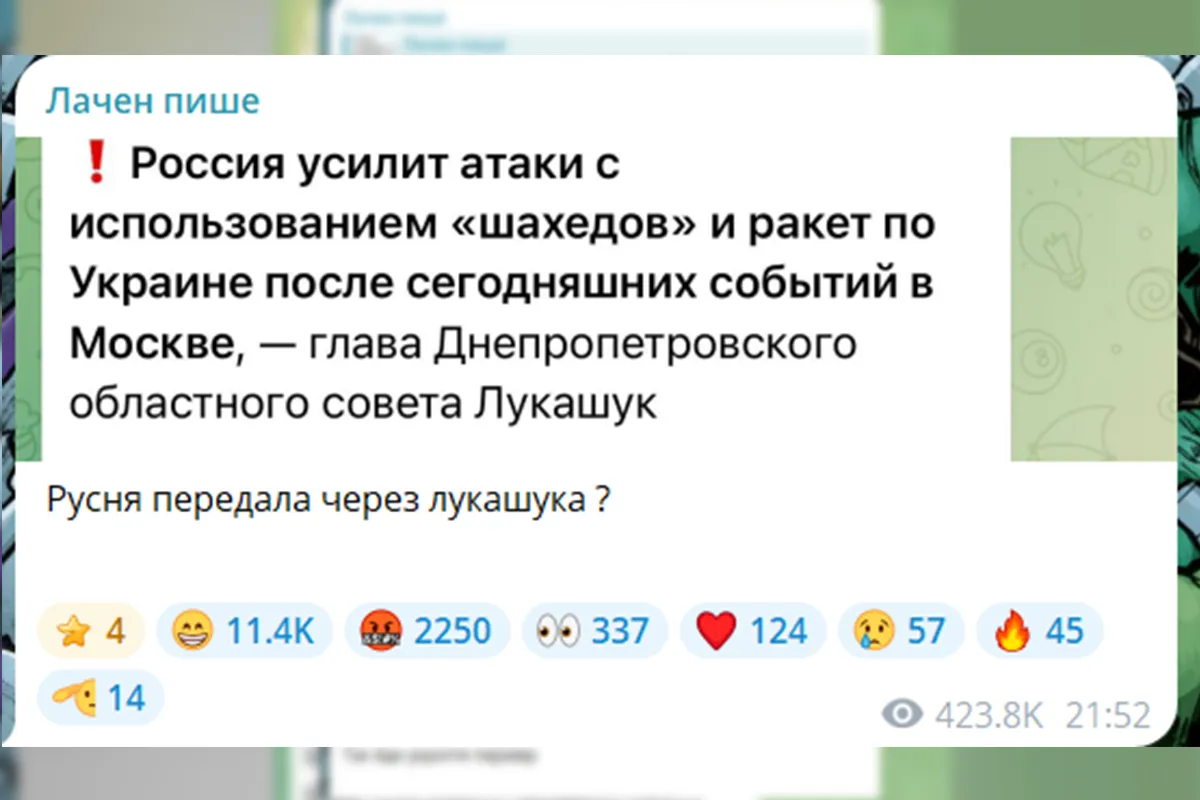 Ігор Лаченков розмістив скріншот з Telegram-каналу, в якому цитувалась заява голови облради, та написав: “Р**ня передала через Лукашука?”
