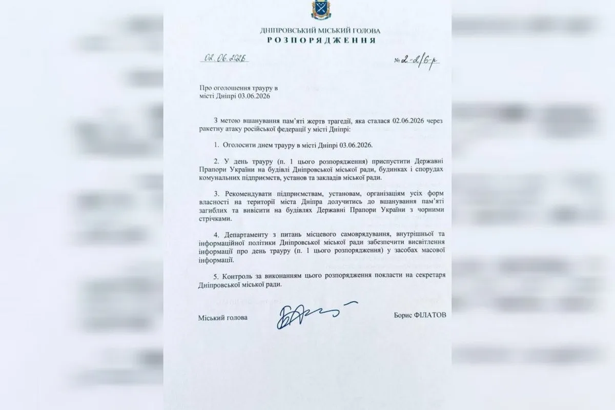 Розпорядження мера Дніпра Бориса Філатова Розпорядження мера Дніпра Бориса Філатова