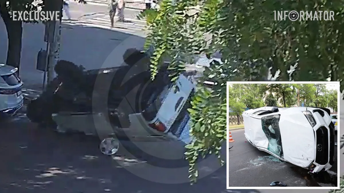 Відео моменту ДТП: у центрі Дніпра Toyota декілька разів перекинулася після зіткнення з Volkswagen