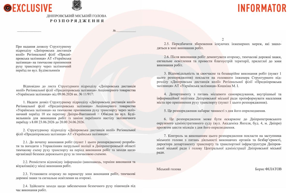 Проєкт розпорядження міського голови Дніпра Бориса Філатова Проєкт розпорядження міського голови Дніпра Бориса Філатова