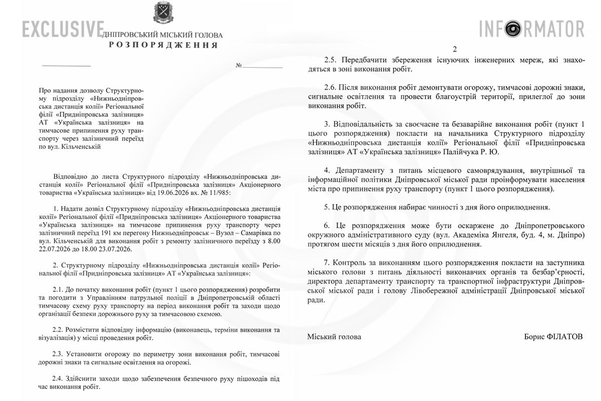 Проект распоряжения Днепровского городского головы Бориса Филатова Проект распоряжения Днепровского городского головы Бориса Филатова