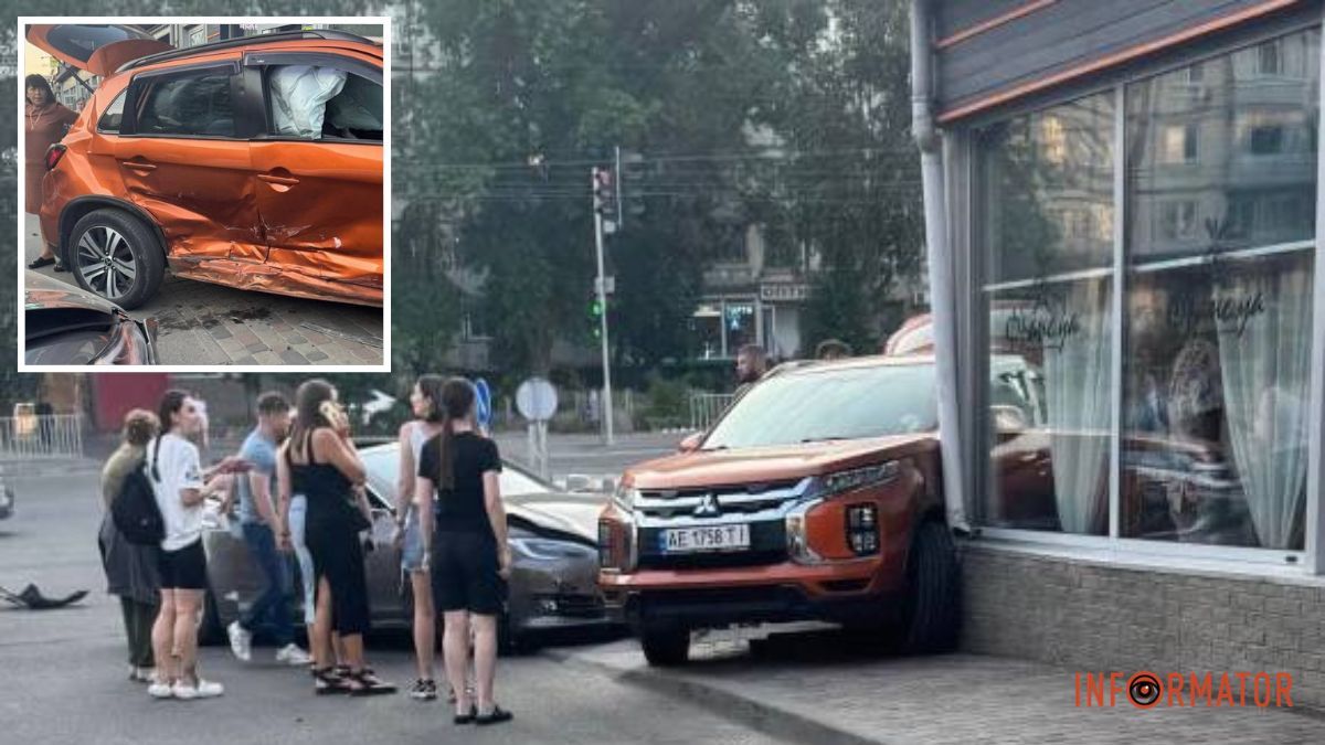 У Дніпрі на проспекті Героїв Tesla врізалася у Mitsubishi, автівки вилетіли на тротуар та врізалися у «Франсуа»
