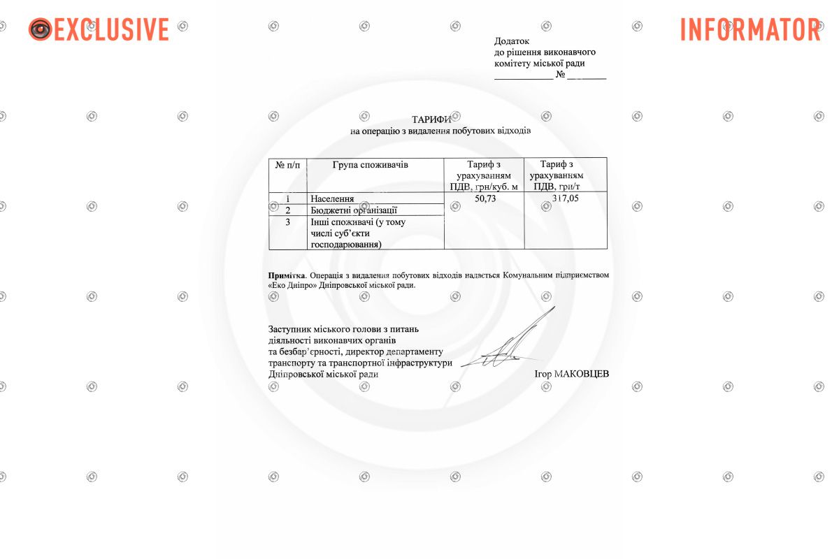 Для населення, бюджетних організацій та інших споживачів плата за захоронення сміття може становити 50,73 гривні за кубометр чи 317,05 гривні за тонну (з ПДВ) Для населення, бюджетних організацій та інших споживачів плата за захоронення сміття може становити 50,73 гривні за кубометр чи 317,05 гривні за тонну (з ПДВ)