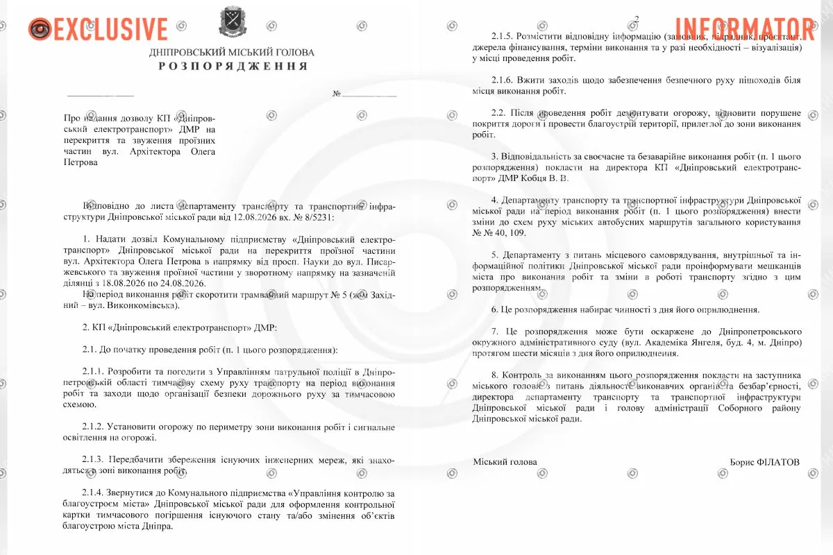 Проект распоряжения городского головы Днепра Проект распоряжения городского головы Днепра