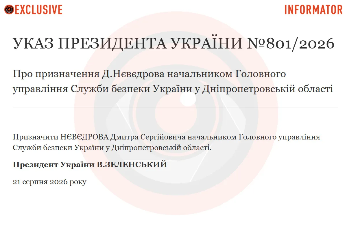 Указ о назначении Дмитрия Неведрова начальником Главного управления СБУ в Днепропетровской области.