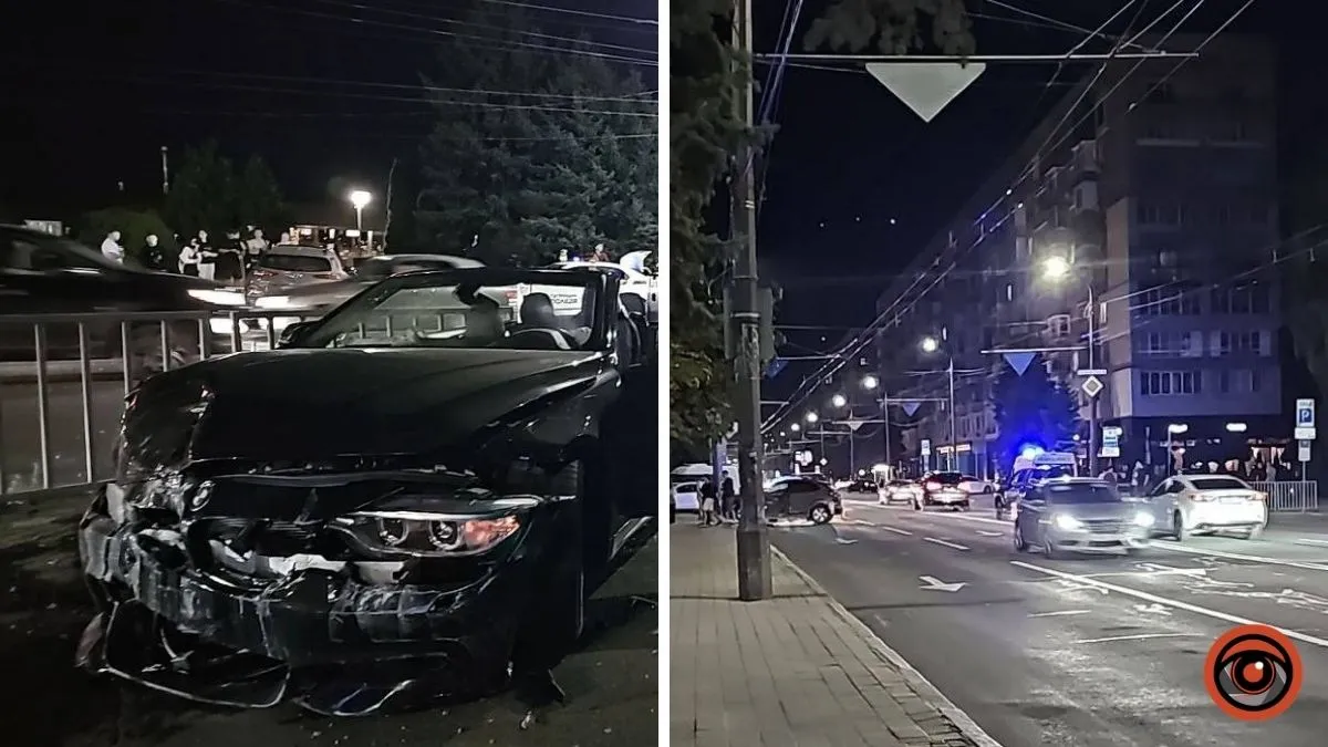 У Дніпрі на Січеславській Набережній біля Varus BMW зніс огорожу та вилетів на тротуар після зіткнення з Hyundai
