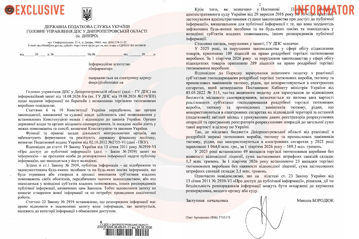 Відповідь на запит Інформатора від Державної податкової служби 