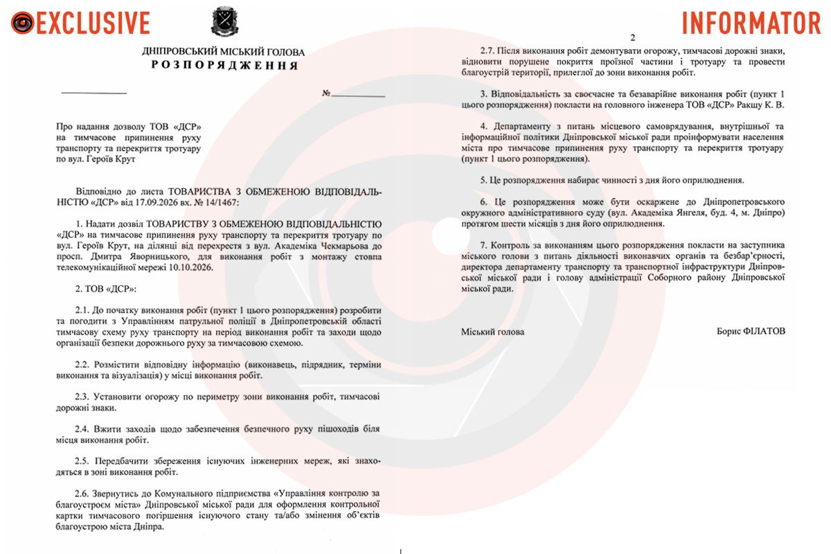 Проект распоряжения городского головы Днепра Бориса Филатова