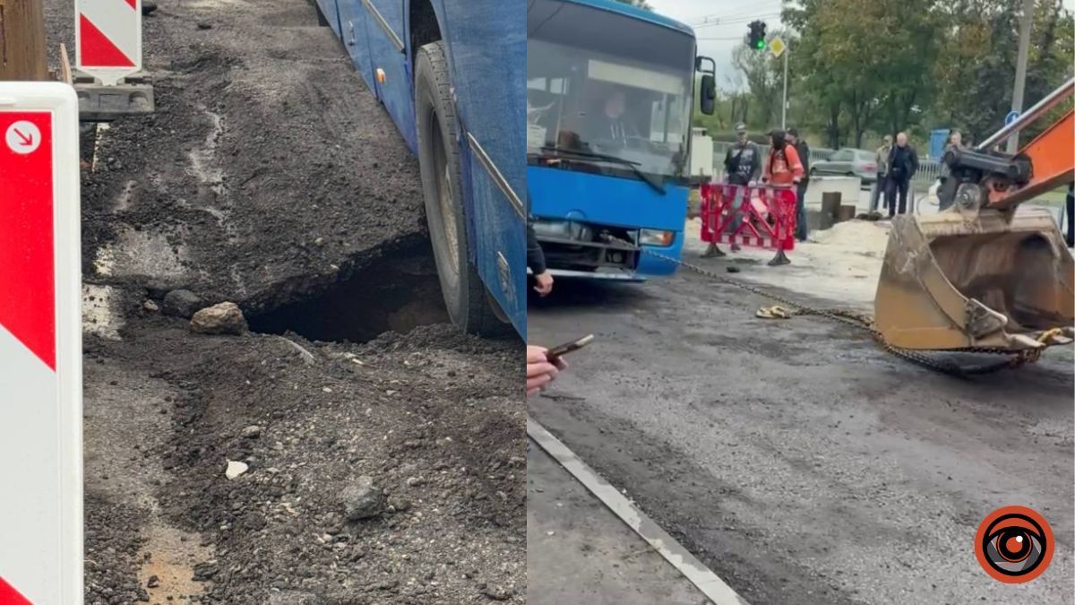 У Дніпрі на Набережній Заводській провалився асфальт: автобус №121 застряг у “пастці”