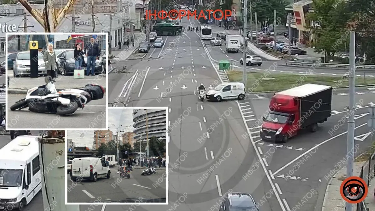 У Дніпрі на з’їзді з Нового мосту Fiat збив чоловіка на скутері: відео моменту ДТП