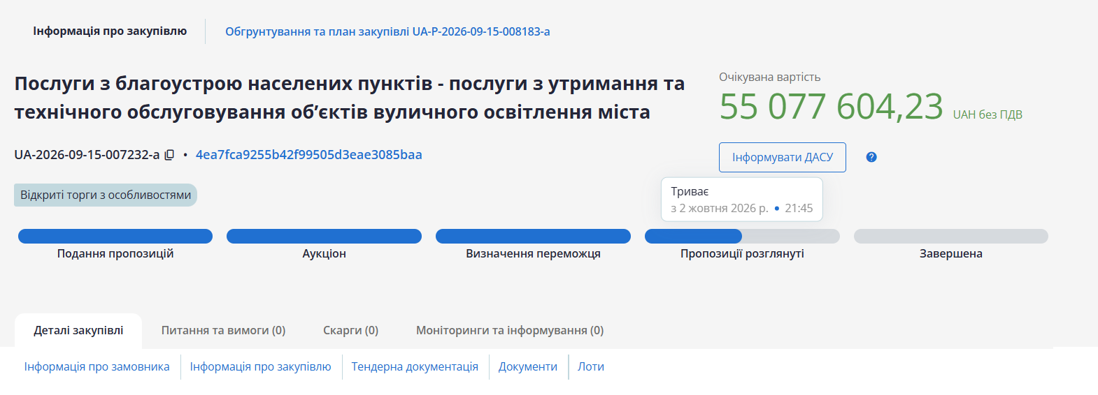 Ожидаемая стоимость закупки – 55,1 миллиона гривен