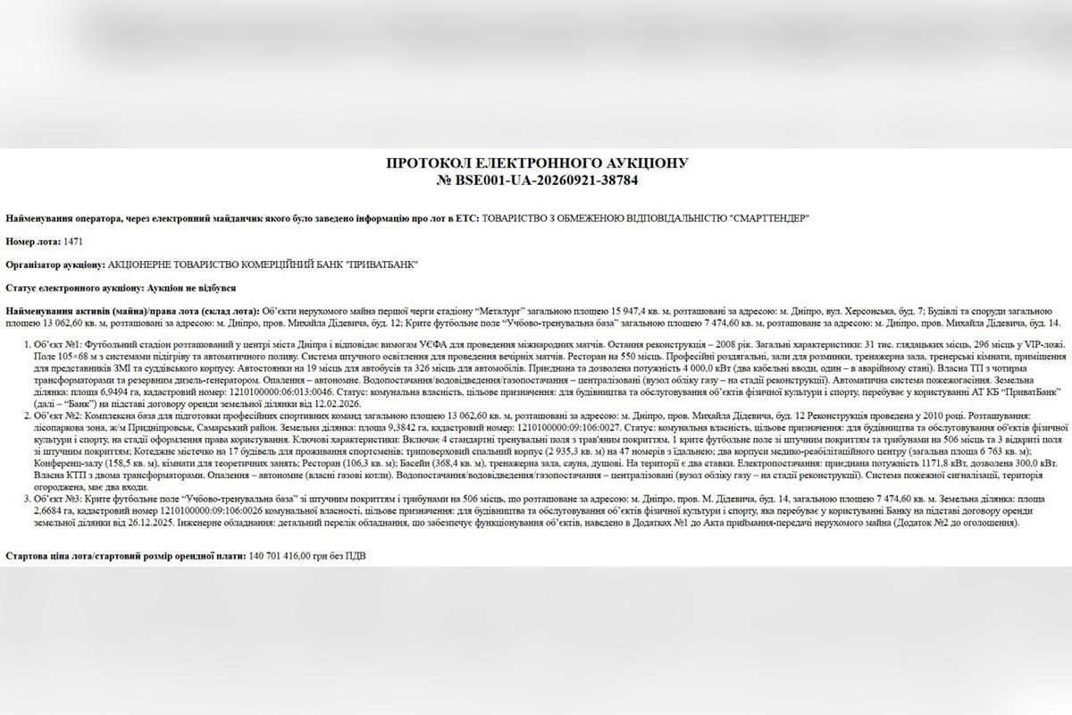 «Днепр-Арену» и тренировочную базу в Приднепровске снова не удалось продать
