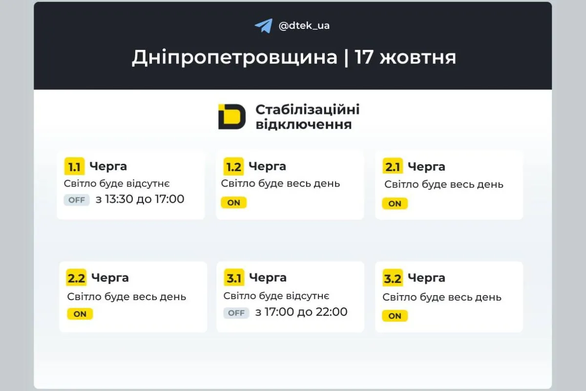 Графік відключення світла для абонентів ДТЕК на 17 жовтня