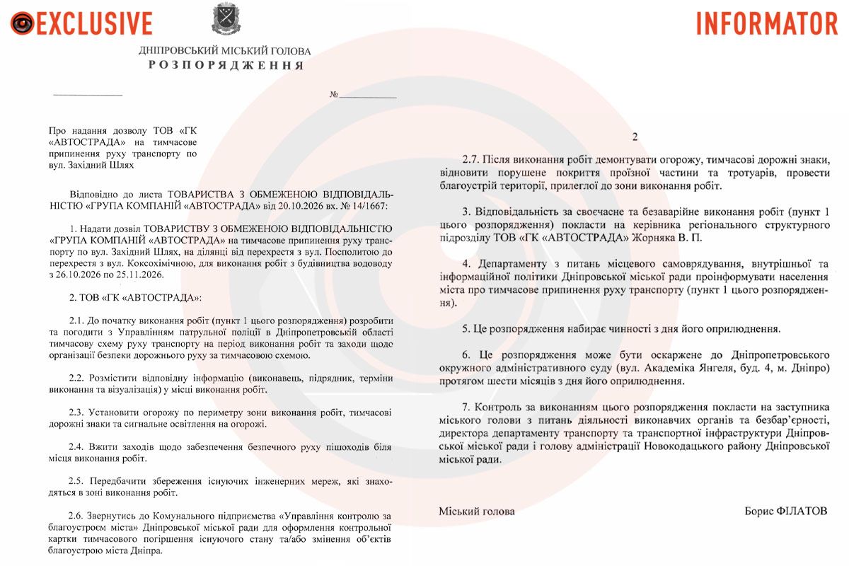 Проект распоряжения городского головы Днепра Бориса Филатова Проект распоряжения городского головы Днепра Бориса Филатова