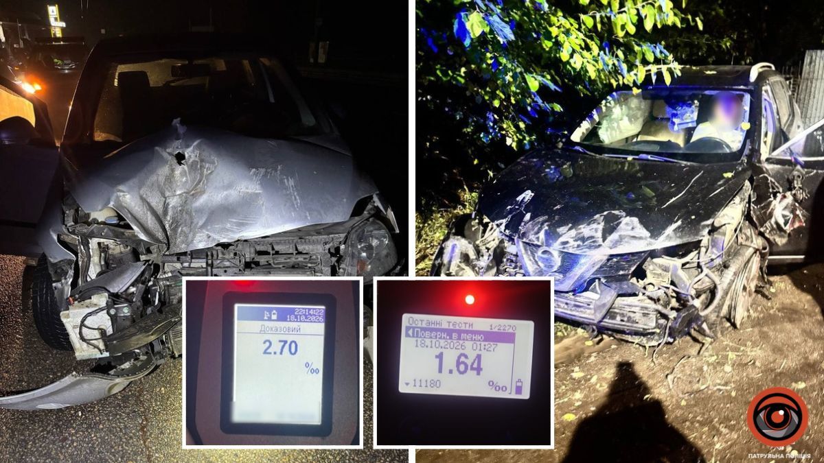У Дніпрі п'яний водій Volkswagen влетів в паркан та припарковані авто, а нетверезий керманич Nissan врізався в електроскутер