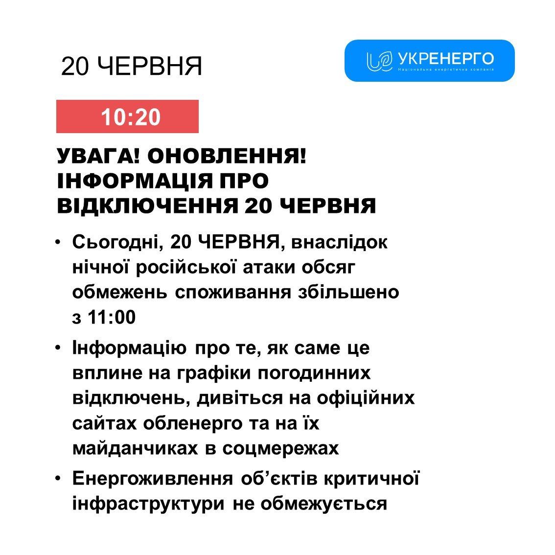 Укренерго про відключеня світла станом на 20 червня Укренерго про відключеня світла станом на 20 червня
