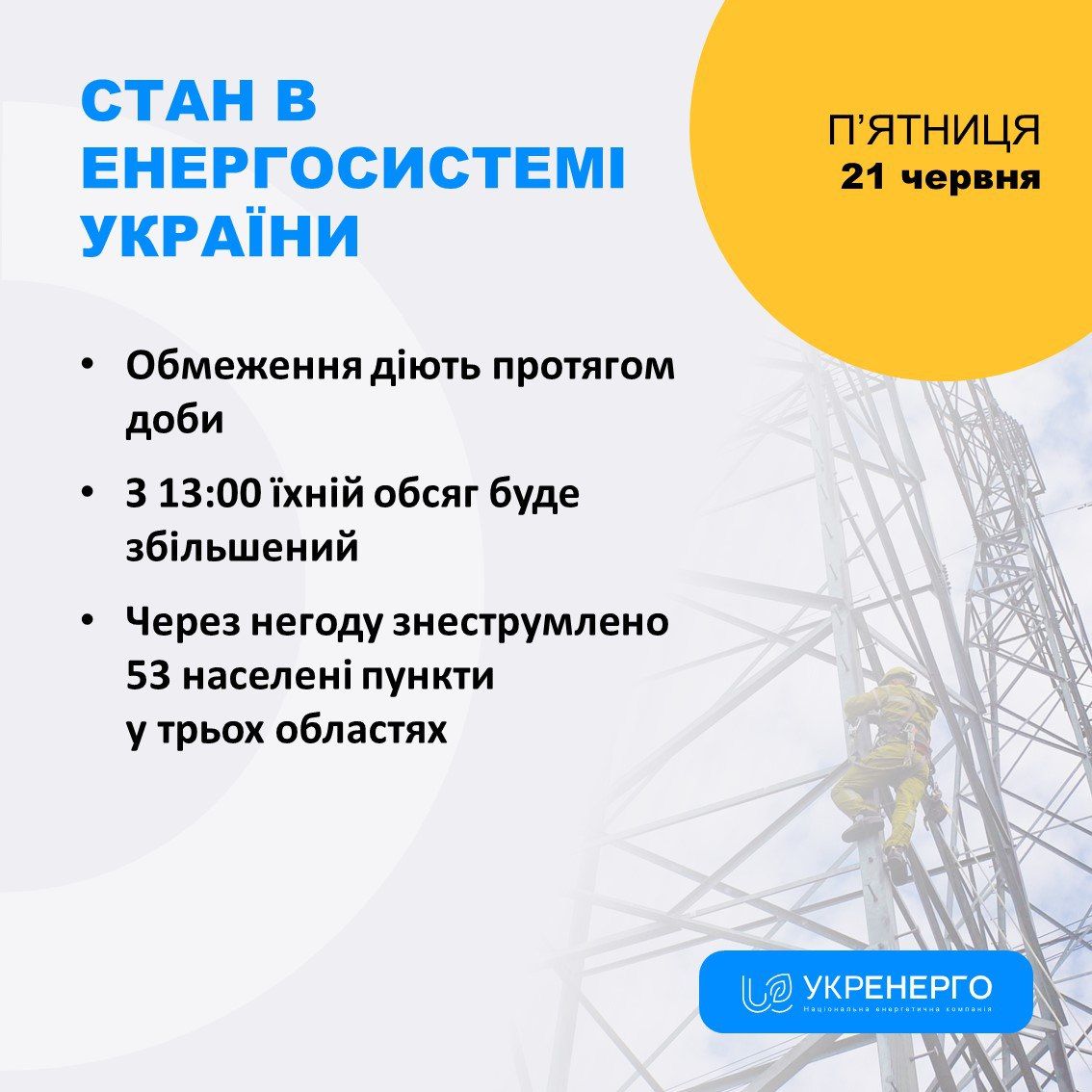 Укренерго про відключення світла станом на 21 червня