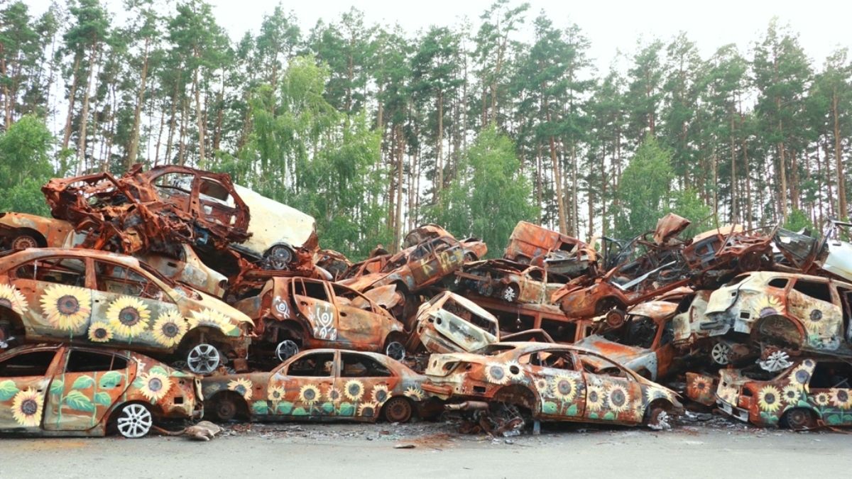 Як виглядає зараз кладовище автівок в Ірпені і хто намалював на них соняхи