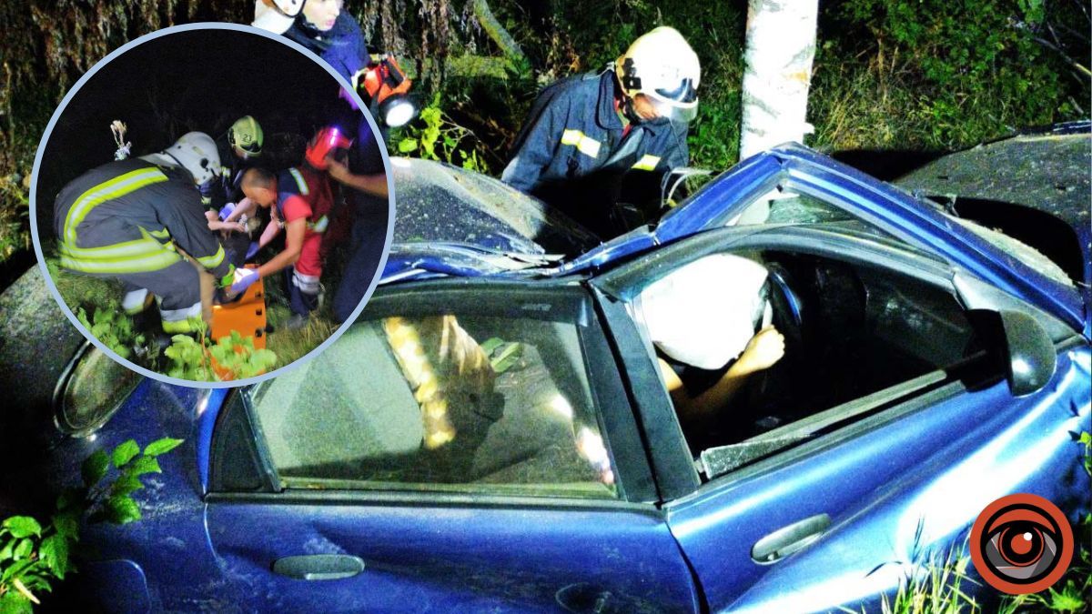 На Київщині легковик злетів в кювет та зупинився в дереві: водія діставали рятувальники