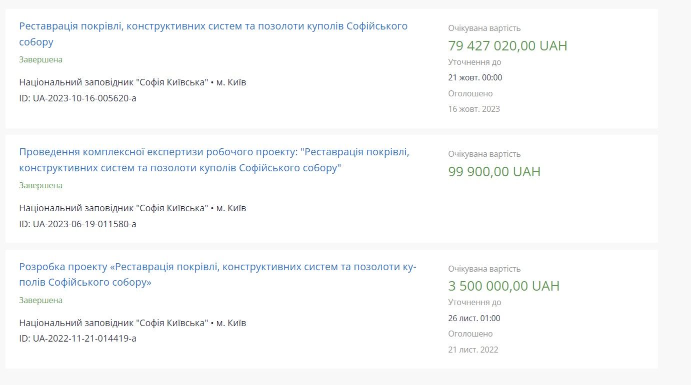 Тендеры, которые касаются реставрации Софиевского собора в Киеве