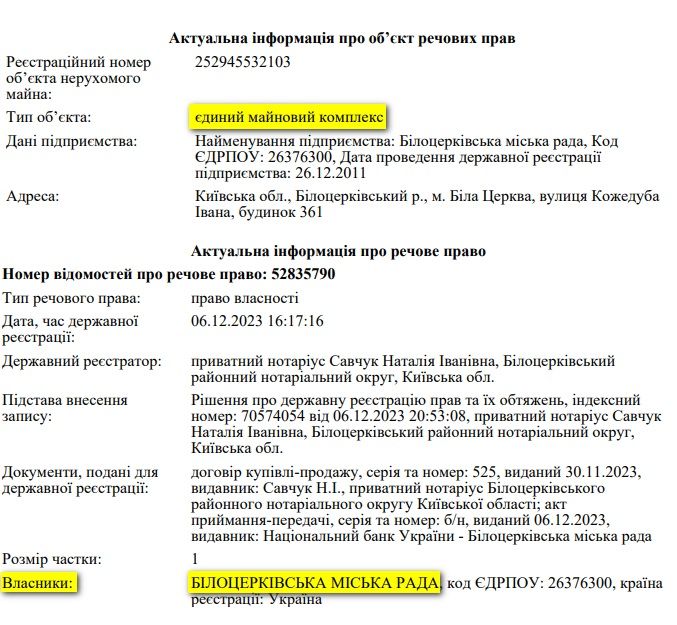 Новый собственник - Белоцерковский городской совет