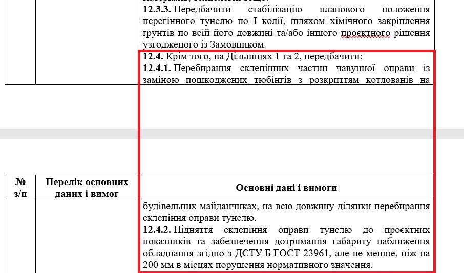В тендерній документації йде мова про роботи у двох тунелях.