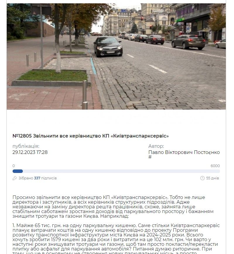 Кличка просять звільнити всіх відповідальних паркувальників Києва: зареєстрована петиція 1