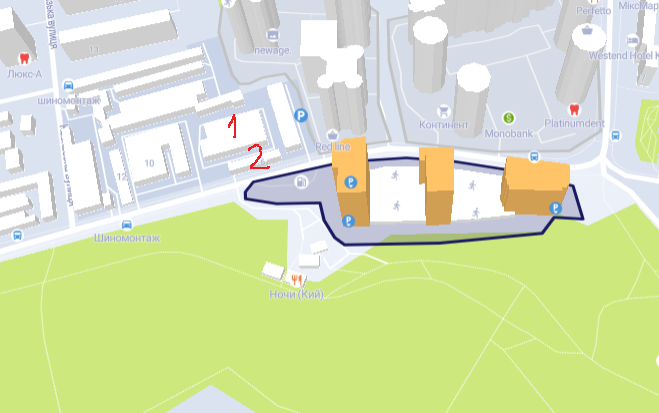 Апарат-комплекс CitiZen (помаранчевого кольору) заглядатиме у вікна будівель НАБУ (позначено цифрами "1" і "2")