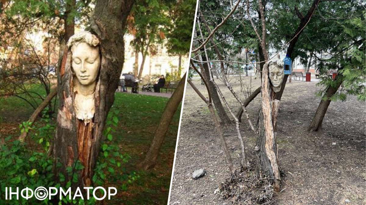 А вот "Мавку", выцветшую от времени, мы все же нашли - в соседнем дереве (на фото права)