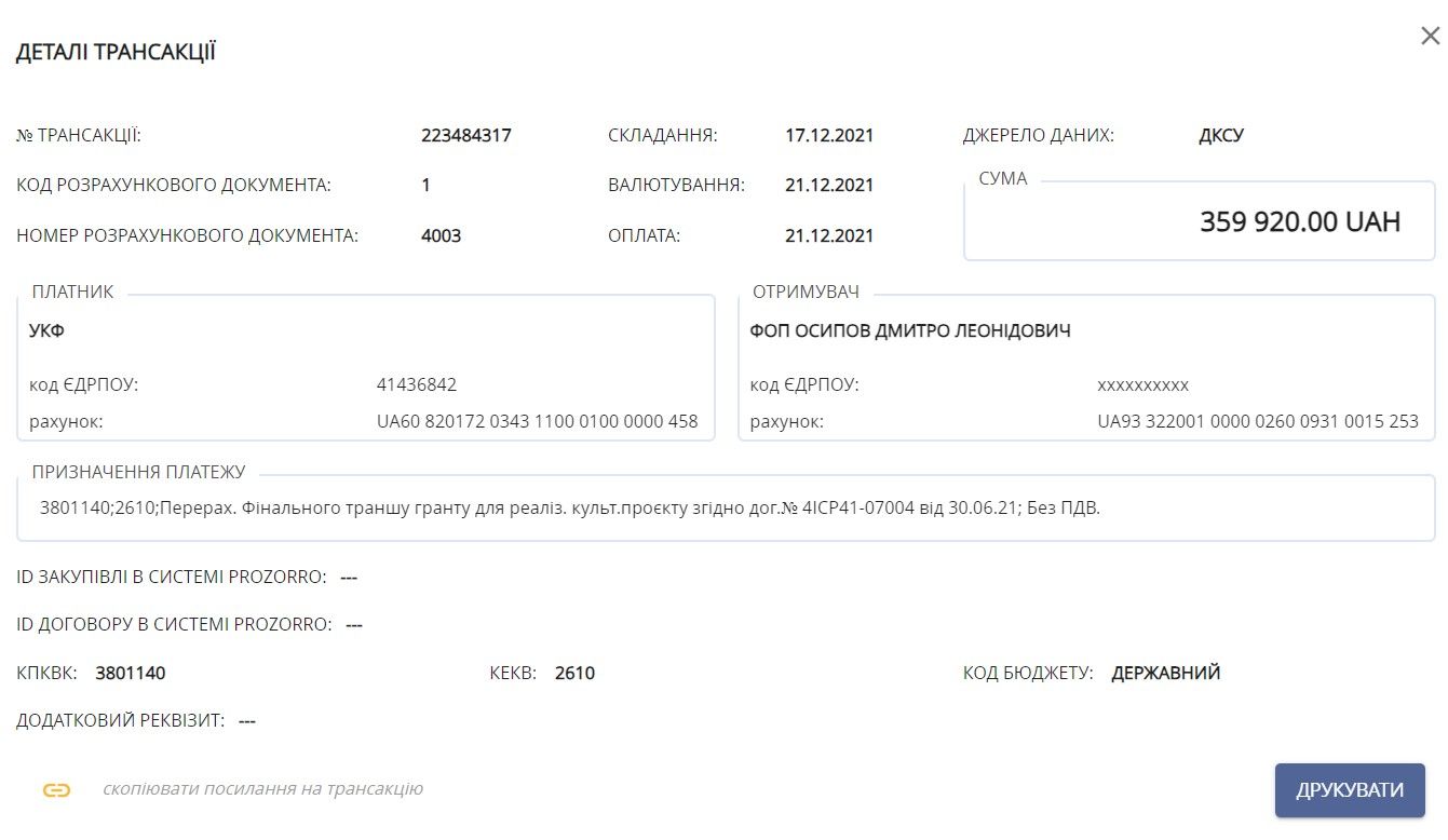 Одна з платіжок на створення подарункового видання.