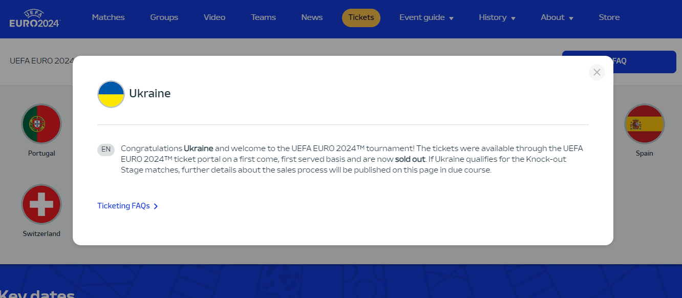 Офіційний сайт, присвячений Євро-2024, повідомляє, що квитки за участю збірної України вже розпродано
