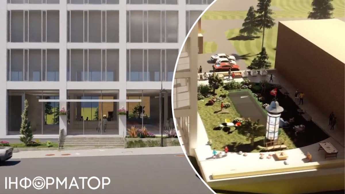 Вхідна група до споруди та задній двір, де облаштований ігровий майданчик із зоною очікування