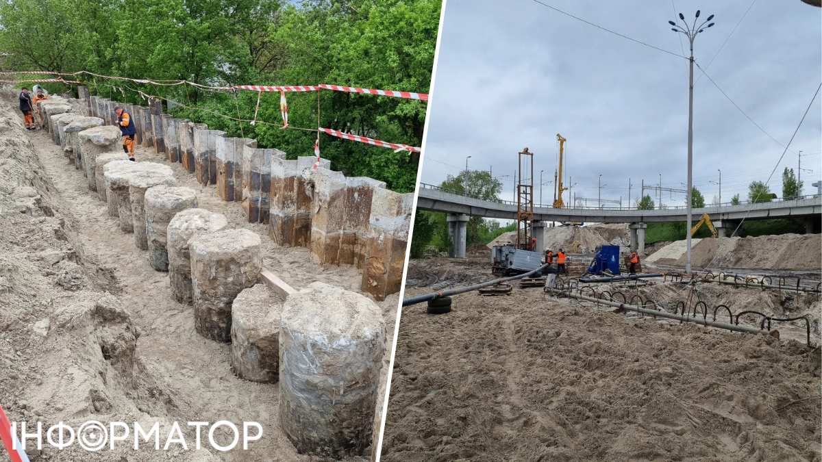 Со стороны Воскресенских садов, от трамвайного кольца, рабочие делают внешнюю подпорную стенку новой дороги Со стороны Воскресенских садов, от трамвайного кольца, рабочие делают наружную подпорную стенку новой дороги