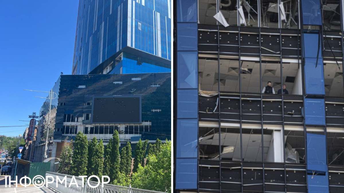 Так здание выглядело вскоре после ракетного удара – сейчас целые окна проверили и закрепили, а выбитые – закрыли щитами